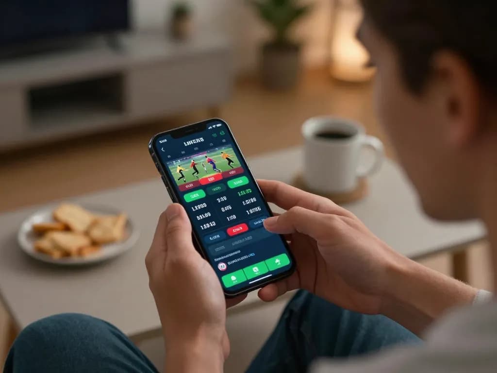 Betting enthusiast engaging with the goal123.ac sports betting app on smartphone, leading to winning opportunities.