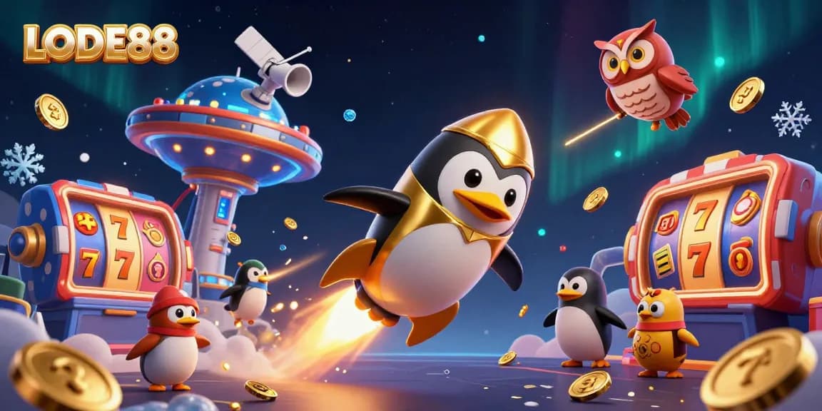 Experience LODE88 excitement with a golden penguin soaring past a casino-themed space station.
