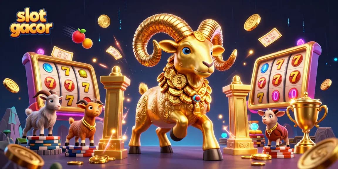 Slot gacor menarik perhatian dengan ilustrasi domba emas dan elemen perjudian yang dinamis.