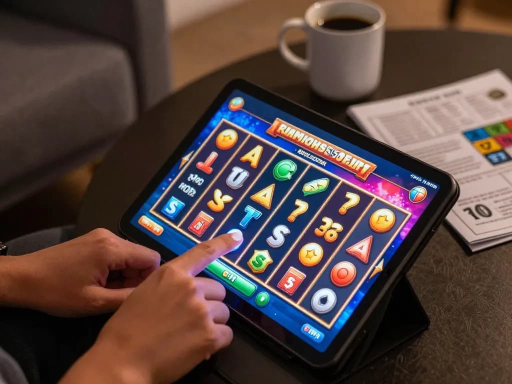 Players enjoy DRAGON222 online slots on a tablet, tapping spin button during exciting gameplay.