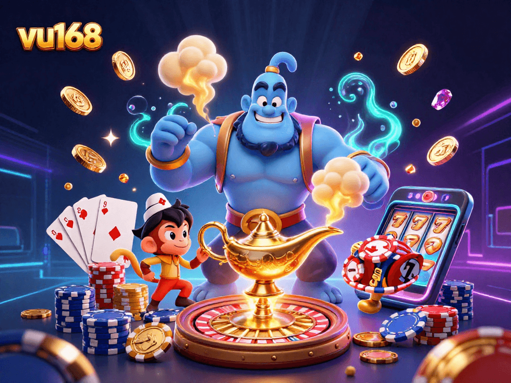 Join the magical world of vu168 with a vibrant scene of a genie, poker chips, and casino elements.