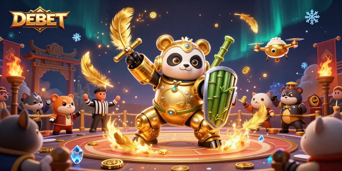 Experience thrilling action in DEBET's vibrant 3D casino scene with animated characters and gambling elements.