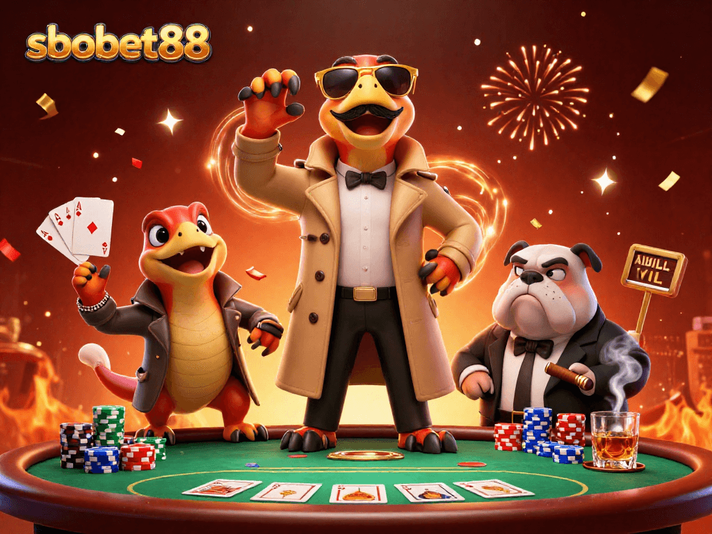 Join the action at sbobet88 as three raptors cleverly disguise themselves at a VIP casino lounge.
