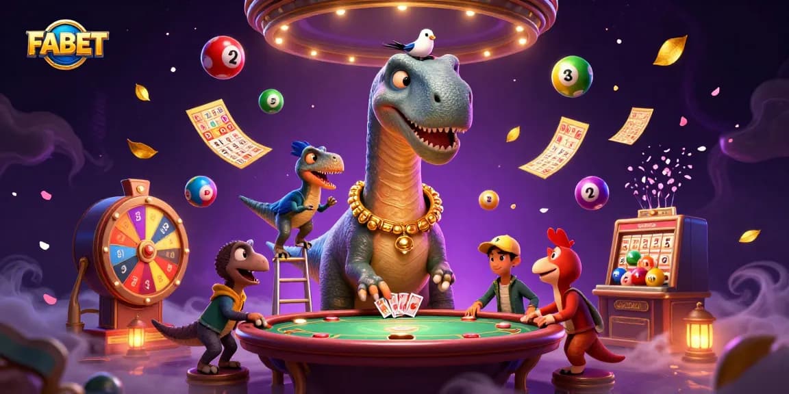 FABET casino illustration showcases a brontosaurus and raptor amidst a vibrant gaming scene.