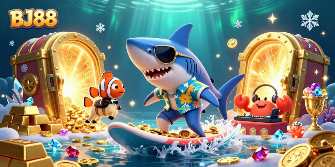 Experience the vibrant BJ88 casino adventure with stunning characters amidst waves of gold coins.