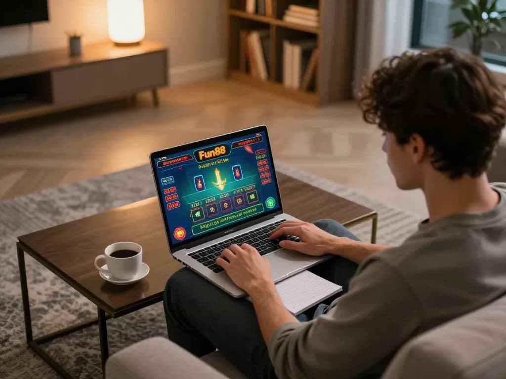 Engaging in Fun88 online gaming, a player studies betting options on laptop at home with notes and coffee.
