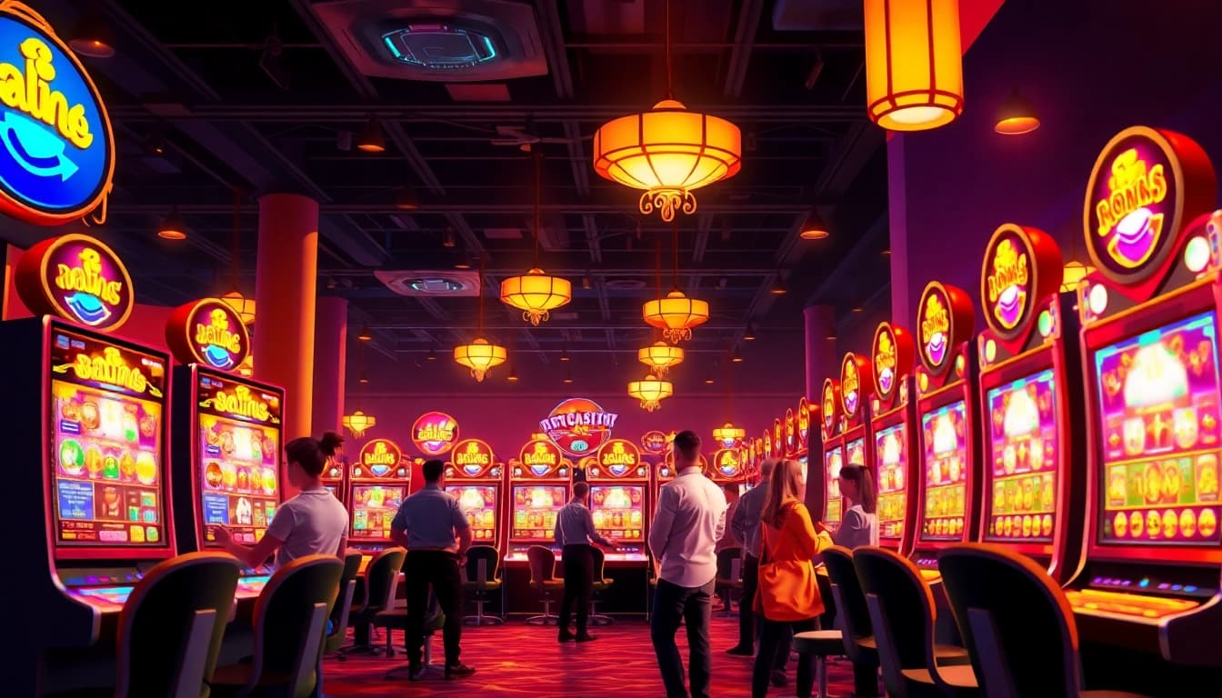 Engaging scene featuring players enjoying high-stakes action at rtp slot machines in a lively casino.
