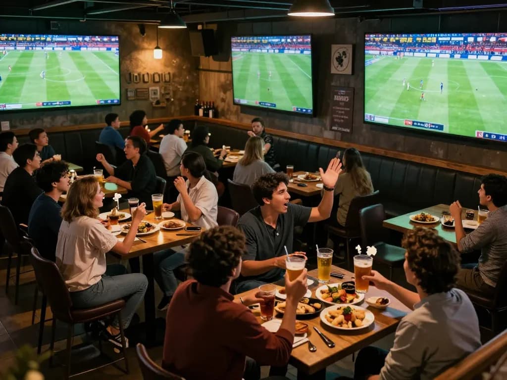 Socolive viewers celebrating during a live football match at an energetic sports bar.