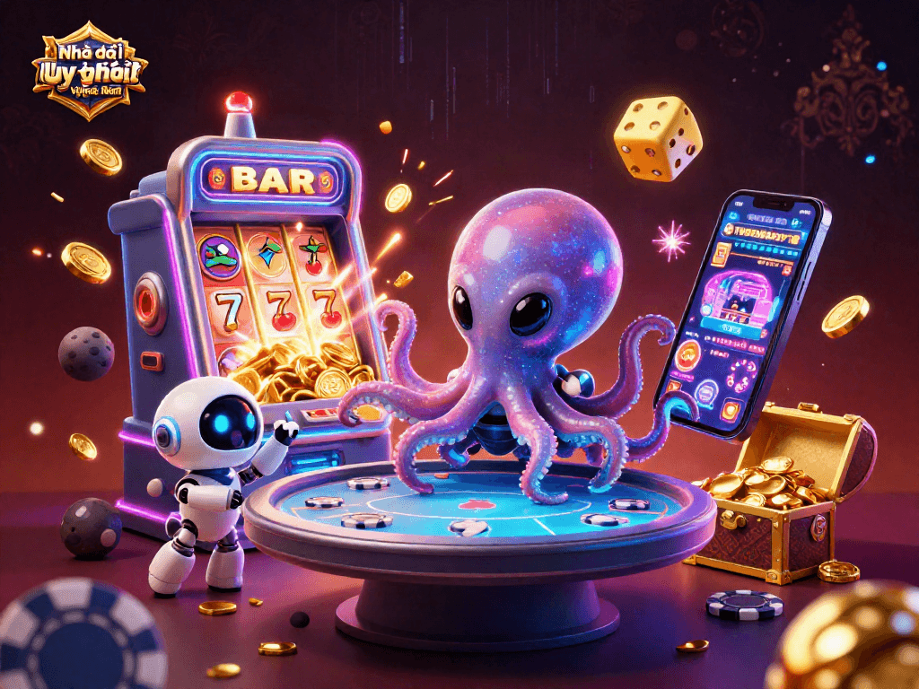Navigating the vibrant world of Nhà cái uy tín tại Việt Nam with a galactic twist featuring an alien octopus at a holographic poker table surrounded by thrilling casino elements.