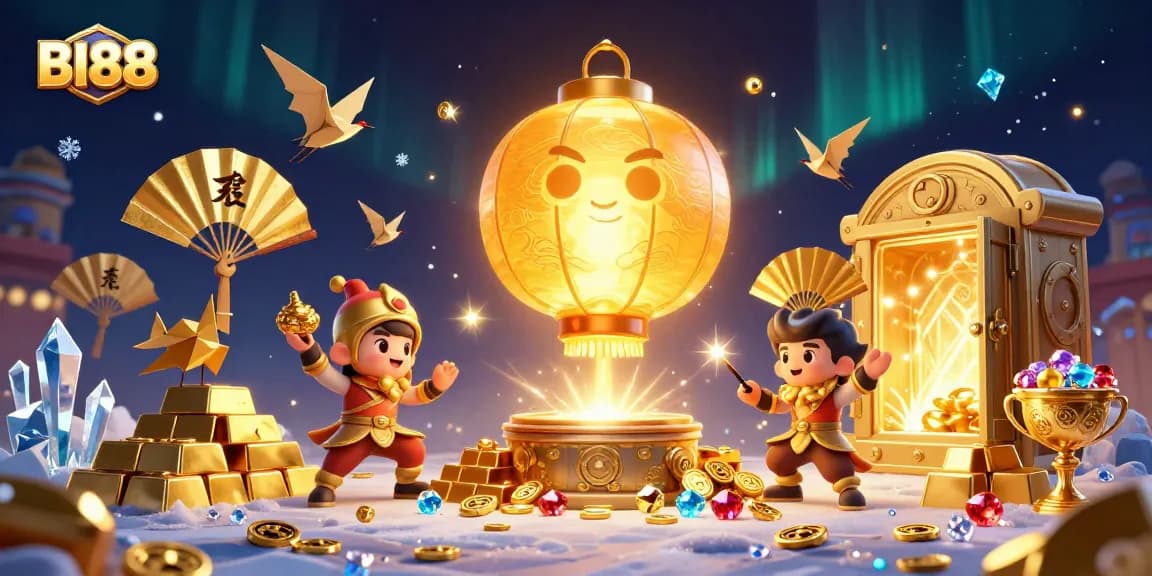 Engage with the thrilling BI88 casino experience featuring a golden lantern spirit and rich treasures.
