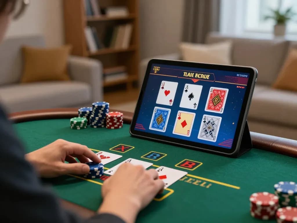 Experience the excitement of online blackjack at LV88 with engaging gameplay on a tablet in a cozy setting.