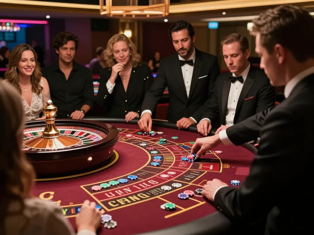 Players at du 88 roulette table eagerly watching the spinning wheel, vibrant casino atmosphere