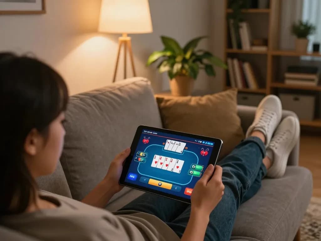 Player engaging with bk8 gaming on a tablet in a cozy living room