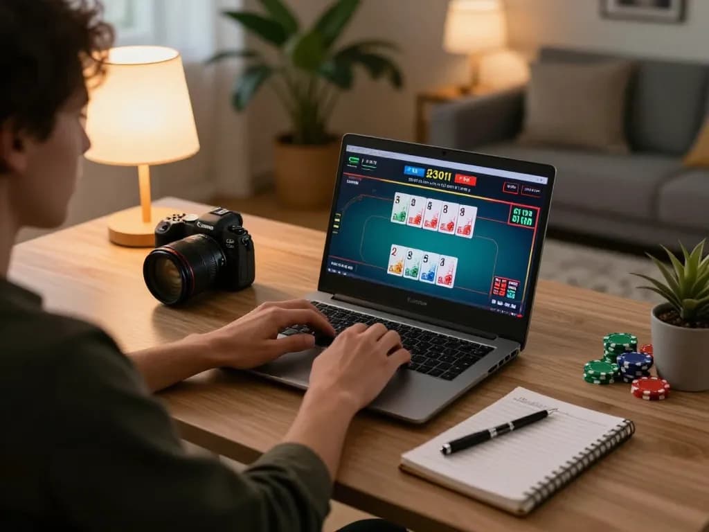 Player engaging with LV88 online casino on laptop, focused on poker gameplay strategy and notes.