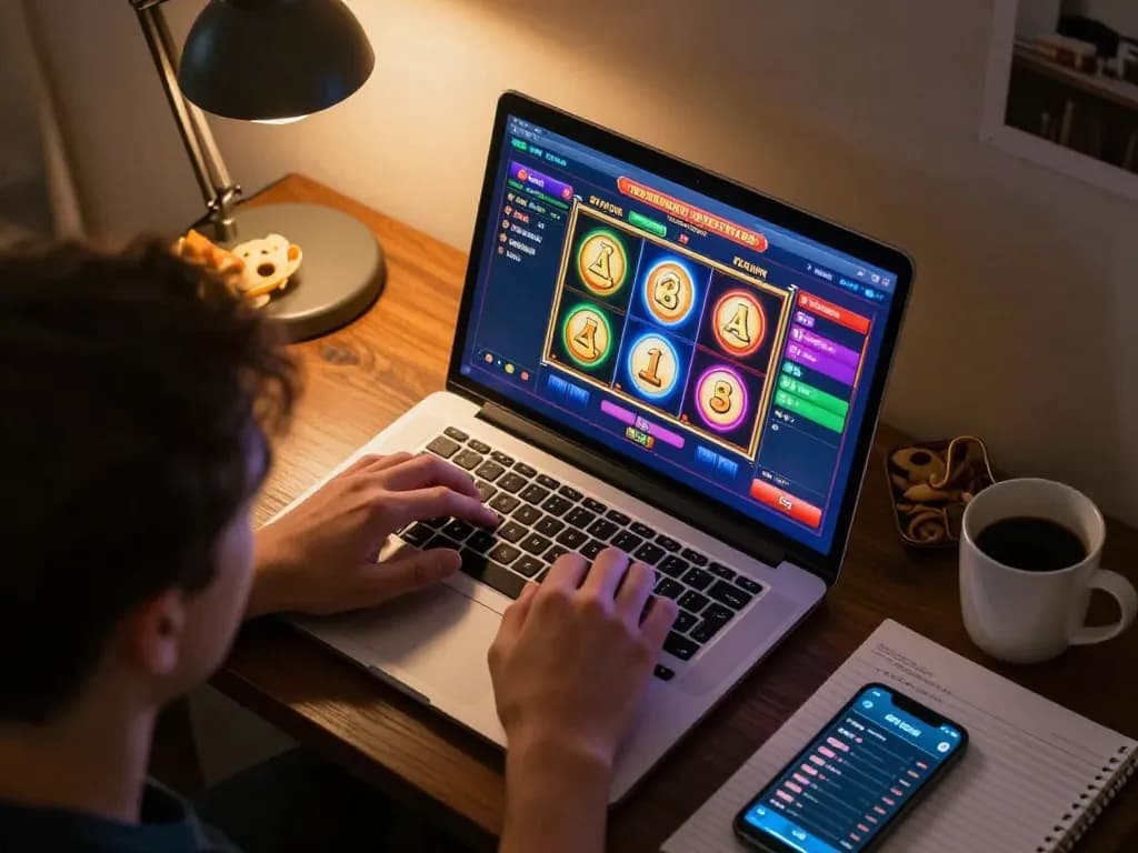 TG88 player enjoying online slots while strategizing on a tablet in their cozy home gaming setup