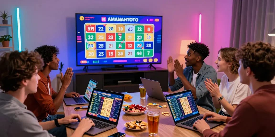 Friends enjoying a dynamic AMANAHTOTO online lottery event at home, engaging with digital platforms and vibrant atmosphere.