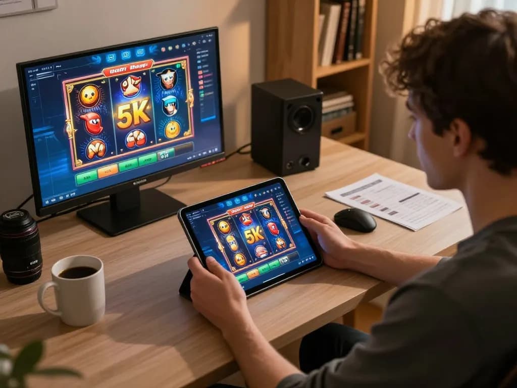 Engaged player using a tablet for slot depo 5k online gaming with vibrant graphics in a cozy setup.