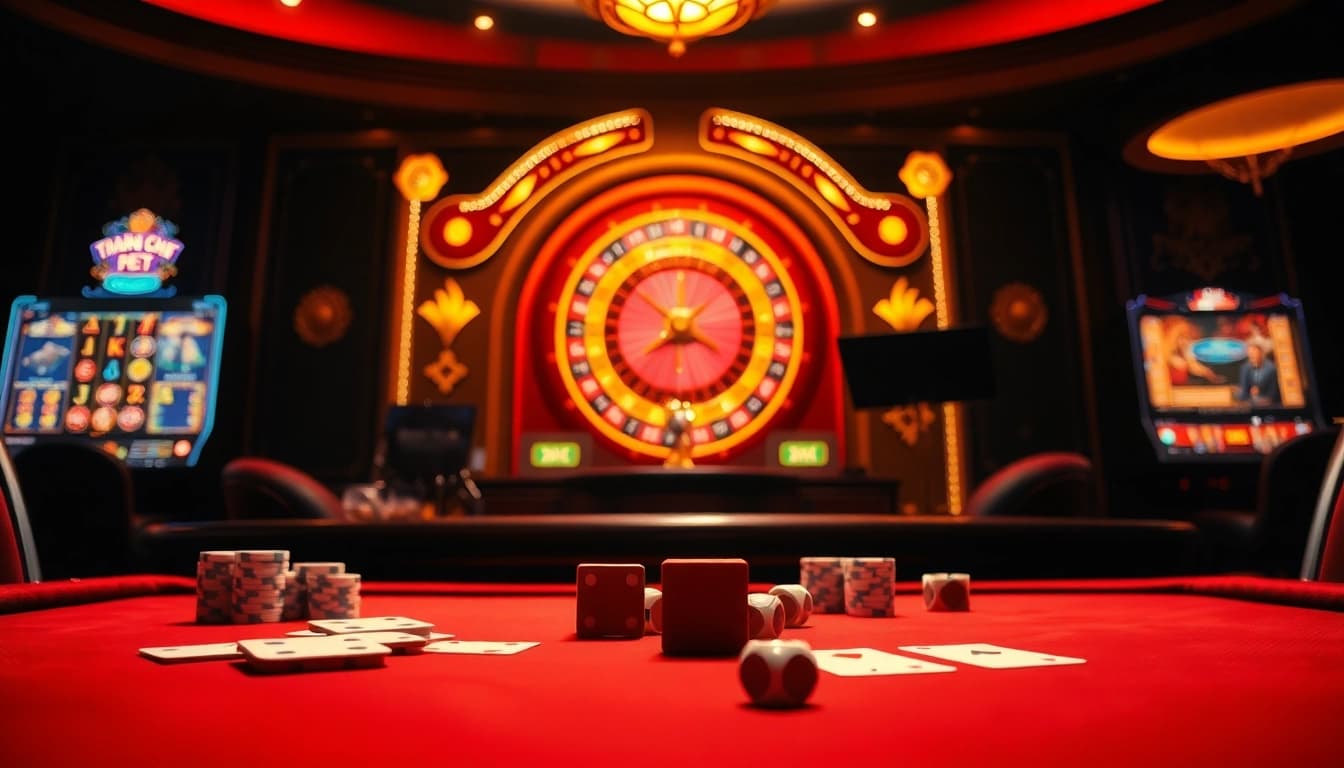 Engaging scene of TRANG CHỦ FEBET showcasing a luxurious casino table with vibrant slot machines.
