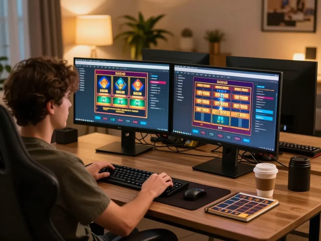 Pemain yang merencanakan strategi dengan DASI4D link alternatif di dua monitor dalam pengaturan permainan rumah yang stylish.