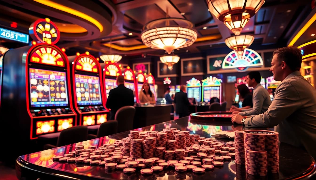 Players enjoying slot gacor games at a vibrant casino atmosphere with colorful machines and chips.