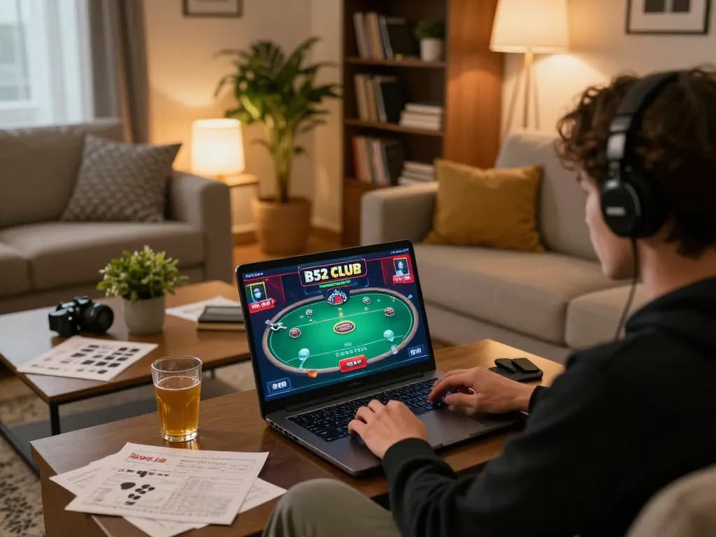 B52 CLUB player engaged in an online poker game from the comfort of home.