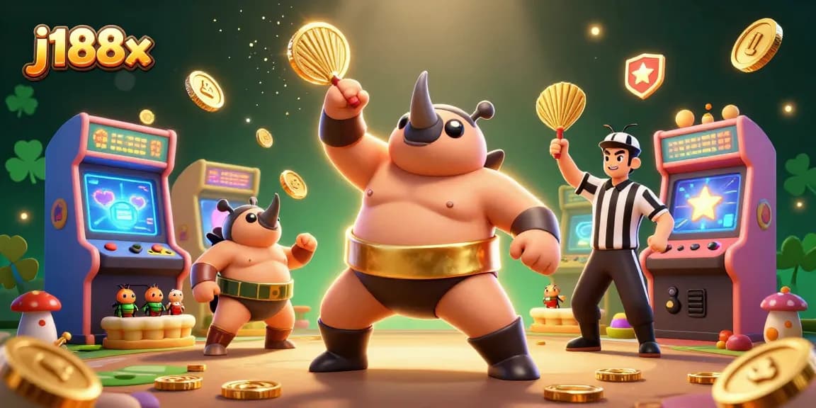 Engage with j188x at this vibrant casino scene featuring beetle champions among coins and colorful games.