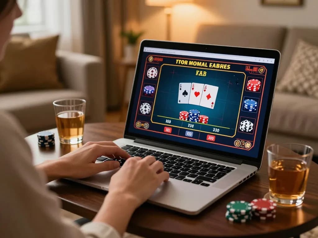 Engaging with lu88.com online casino gaming experience on a sleek laptop while at home, showcasing strategic gameplay.