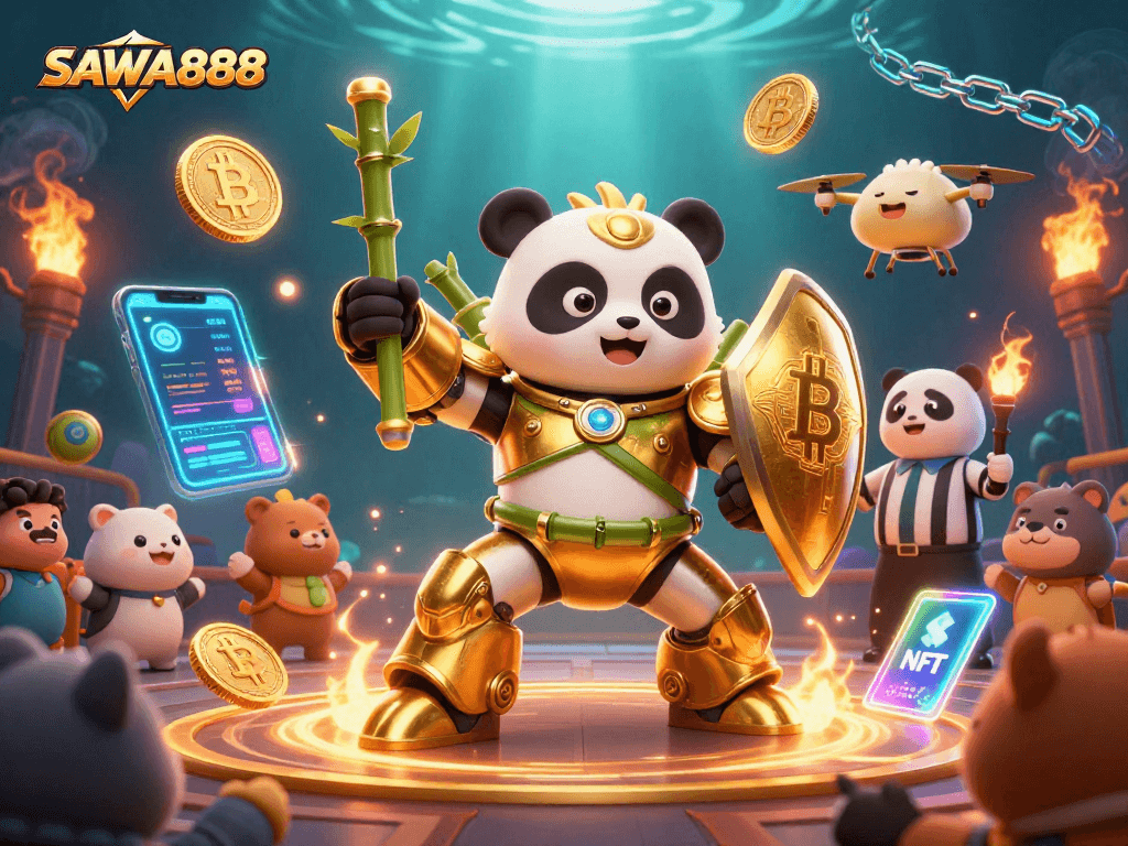SAWA888 presents a dynamic scene with a golden panda robot and vibrant crypto elements in a casino arena.