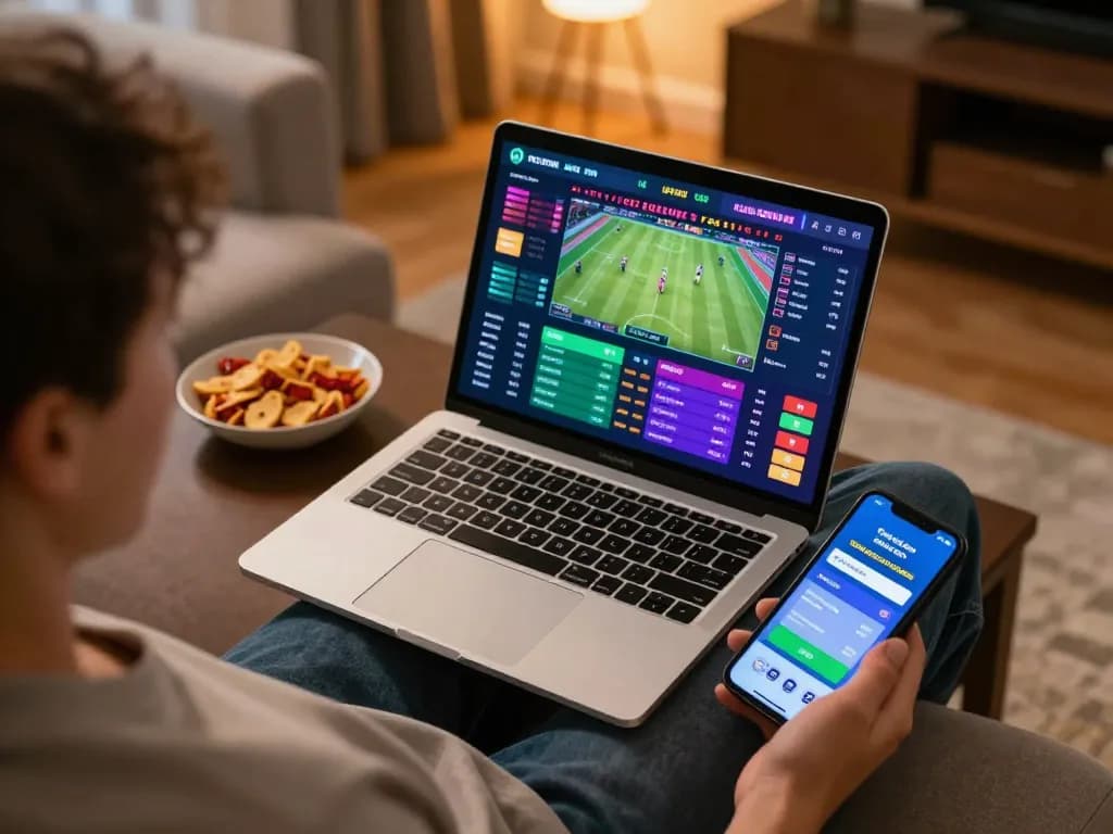 Engaging in kèo trực tuyến sports betting from the comfort of home, checking live odds.