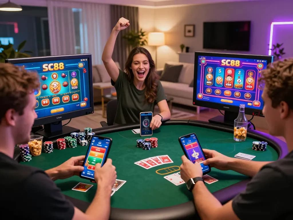 Experience thrilling online gaming community with SC88 app in a lively home setting.