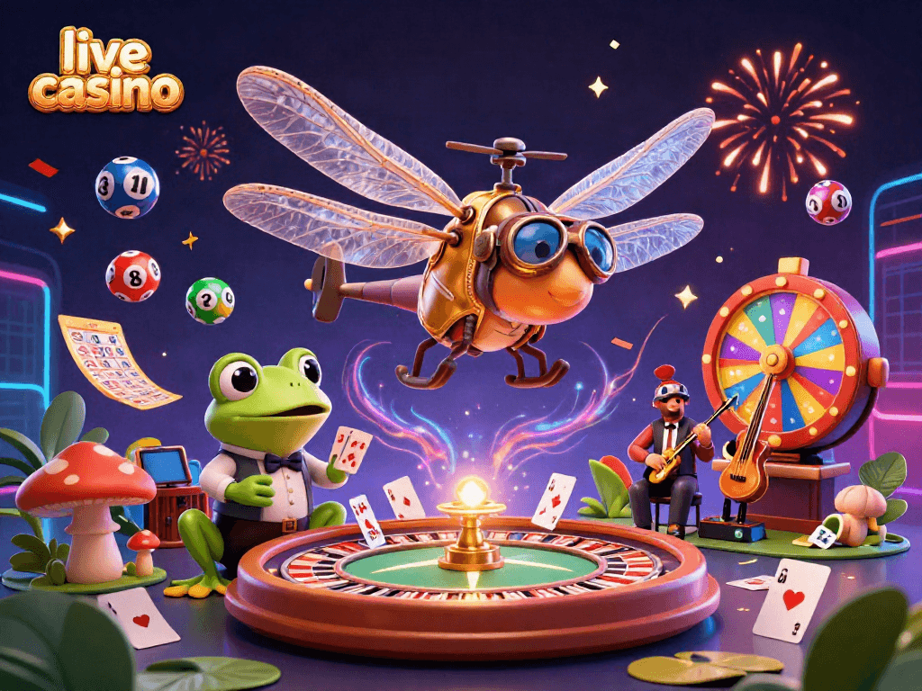 Experience the excitement of a live casino with a whimsical 3D illustration featuring a dragonfly pilot and a frog croupier.
