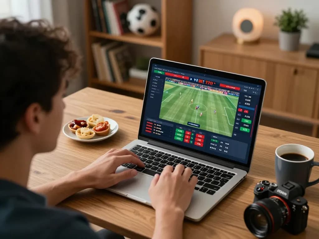 Soi Kèo online sports betting setup with live match interface, focused player studying odds and strategies.