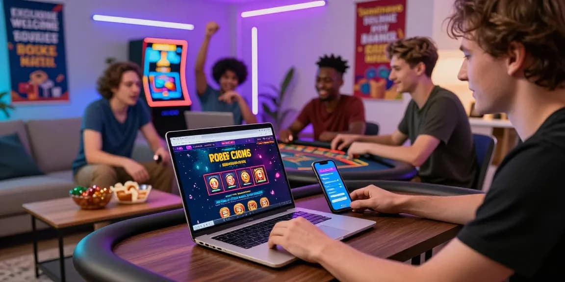 Exciting players enjoying various games at credit card casinos, showcasing vibrant graphics and bonuses in a modern home setting.