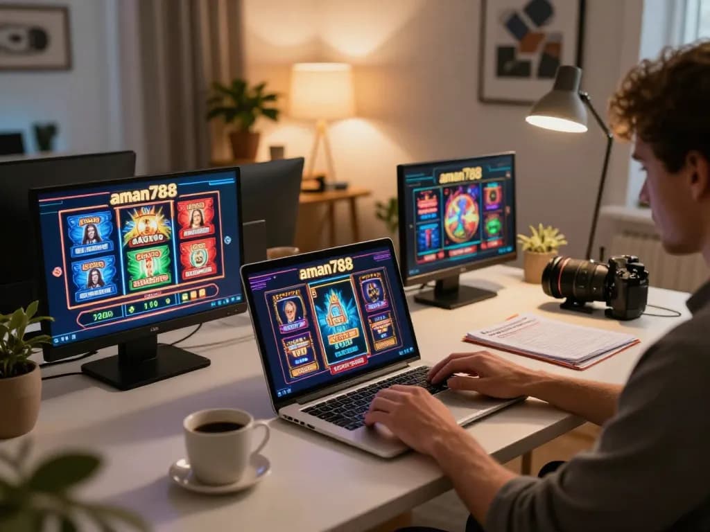 Kegiatan menarik bermain slot online di aman788 di rumah dengan layar yang cerah dan suasana yang nyaman.