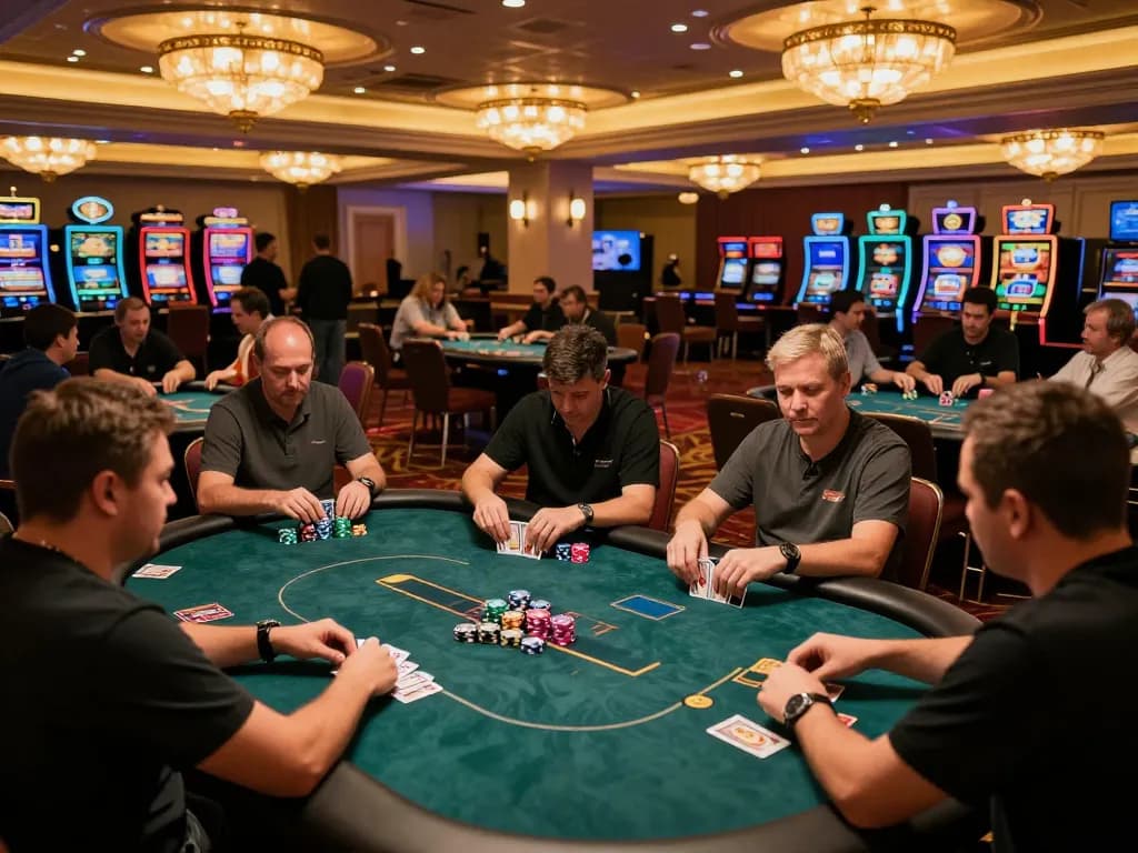 Players enjoying poker games at Sunwin's vibrant casino floor, surrounded by ambient lights and excitement