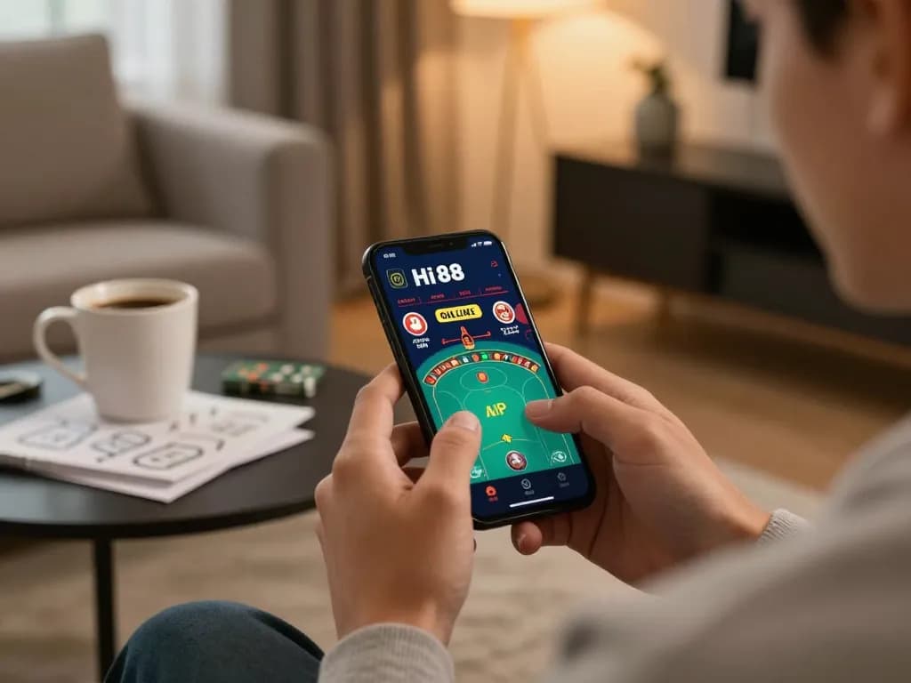 Engaged player using the Hi 88 app for online gambling in a cozy home setting, showcasing responsible gaming.