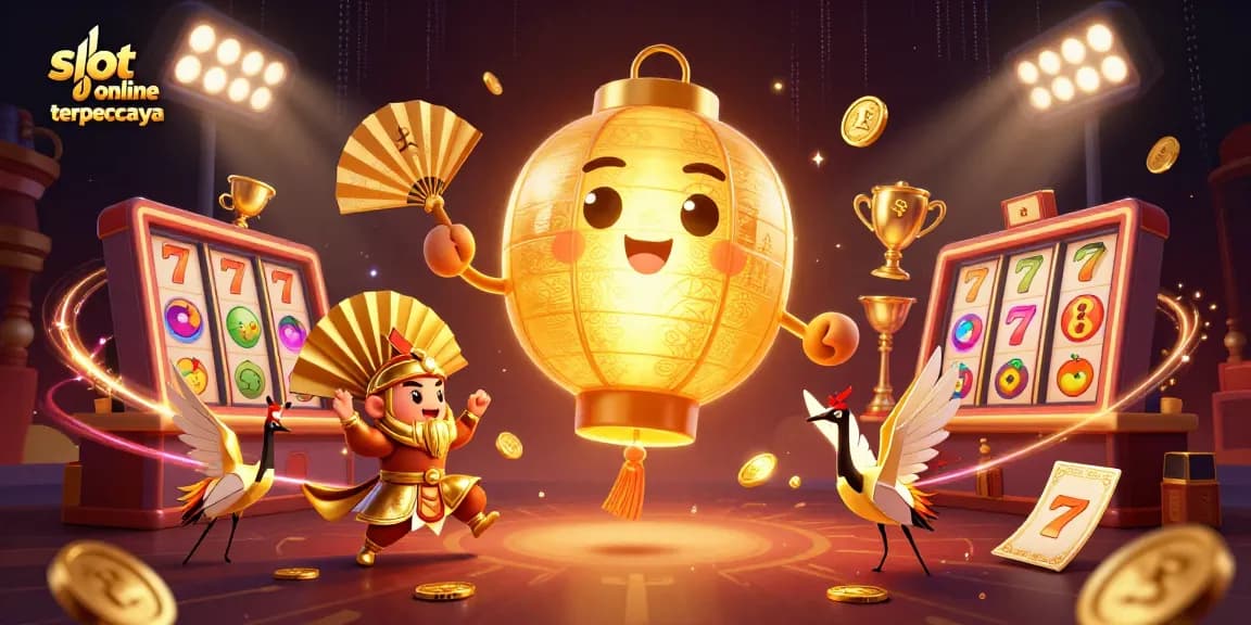 Experience the ultimate slot online terpercaya adventure with a vibrant 3D casino illustration featuring lucky symbols and characters.