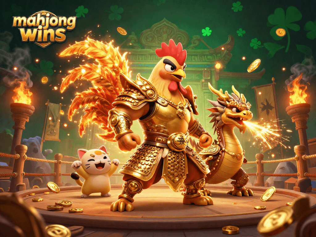 Experience mahjong wins with a dynamic scene featuring combatants and casino elements.