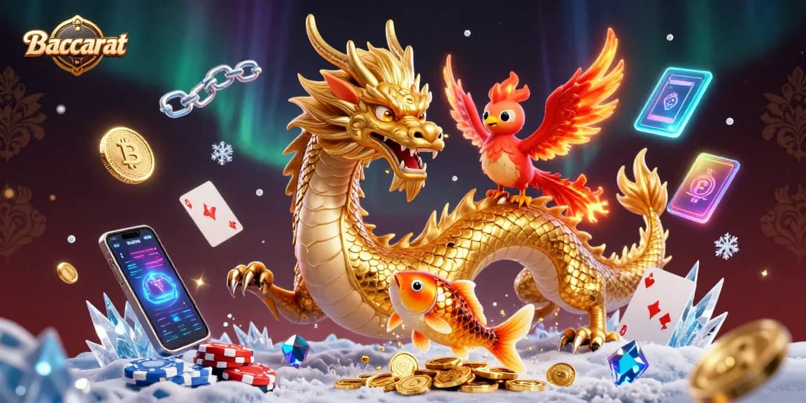 Baccarat table featuring a fierce dragon, phoenix, and koi fish surrounded by vibrant casino elements.