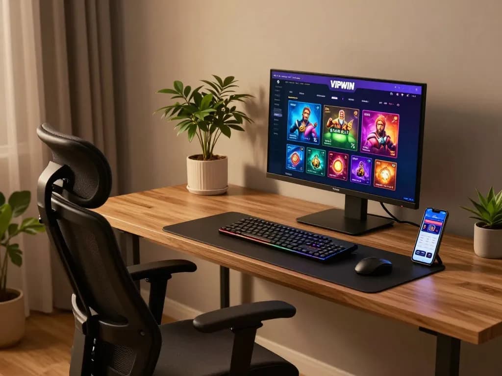 Engaged player enjoying VIPWIN online casino games from a cozy home office setup