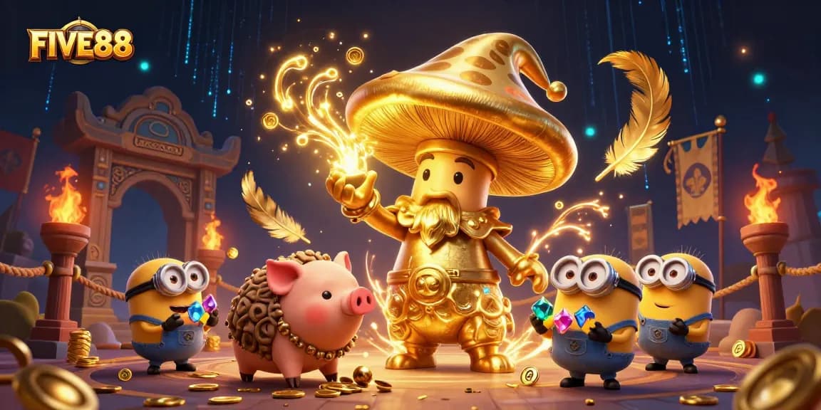 Experience the excitement of FIVE88 with a magical wizard and treasure-hunting characters in a vibrant casino setting.