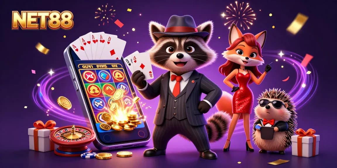 NET88 features a suave raccoon and fox lady celebrating with slot games and poker.