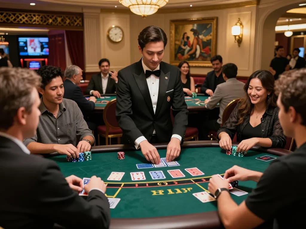 The excitement at a blackjack table with players engaged in vin 88 gameplay, showcasing strategic card actions and vibrant casino atmosphere.