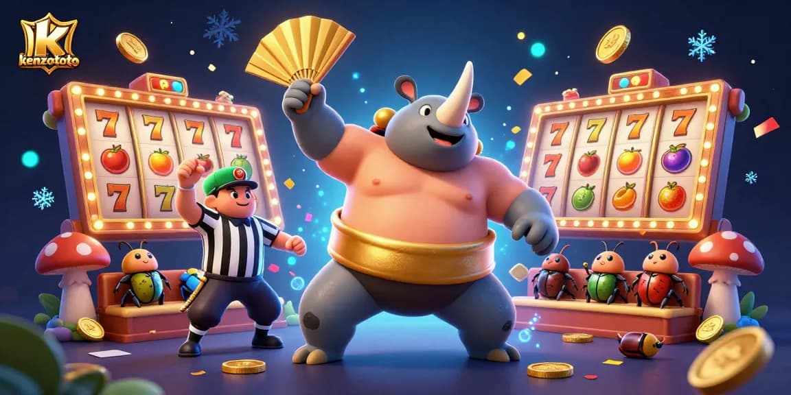 Experience exciting gameplay at kenzototo with a vibrant illustration of a sumo beetle champion amidst flying coins and slot reels.