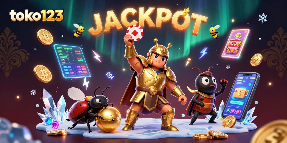 Toko123 reveals jackpot excitement with 3D cartoon beetles celebrating a casino win.
