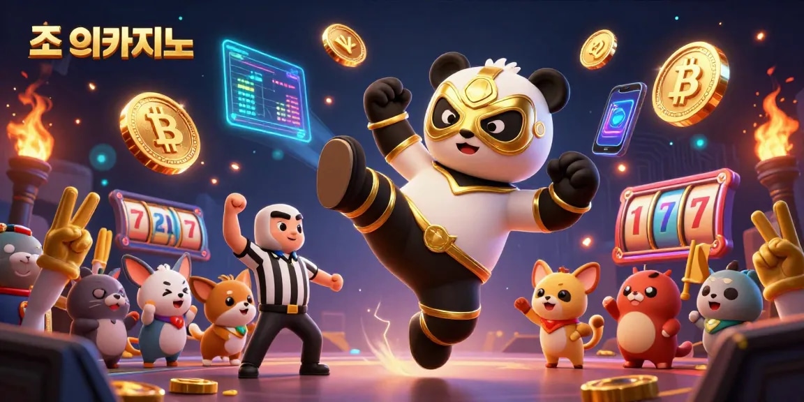 Join the excitement at 조이카지노 with a festive illustration of a panda wrestler celebrating wins amidst vibrant gaming elements.