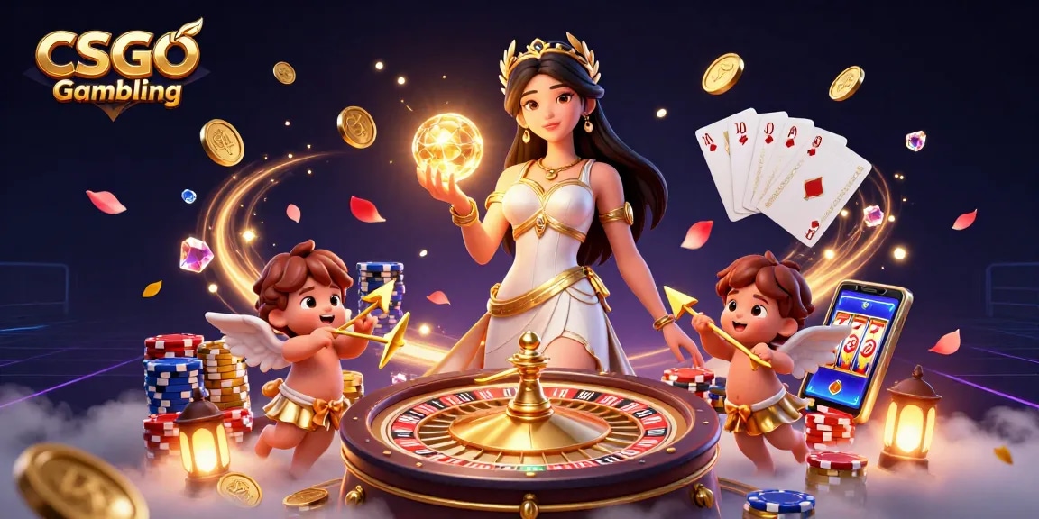 Rasakan Judi CSGO dengan pemandangan cerah dewi yang memegang bola bercahaya dikelilingi oleh elemen permainan.