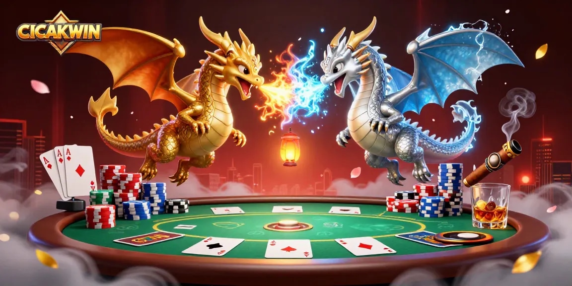 CICAKWIN showcases an epic battle between gold and silver dragons amid vibrant poker elements in an engaging casino scene.