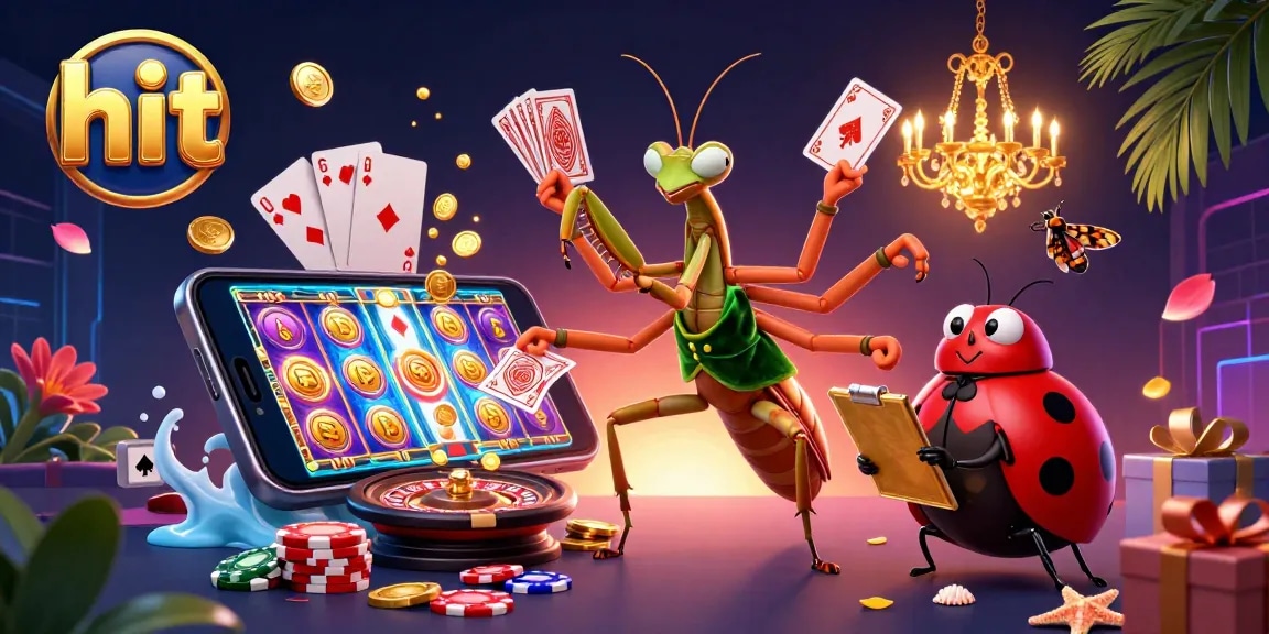 Hit the jackpot with a festive casino scene featuring a giant praying mantis and ladybug pit boss.