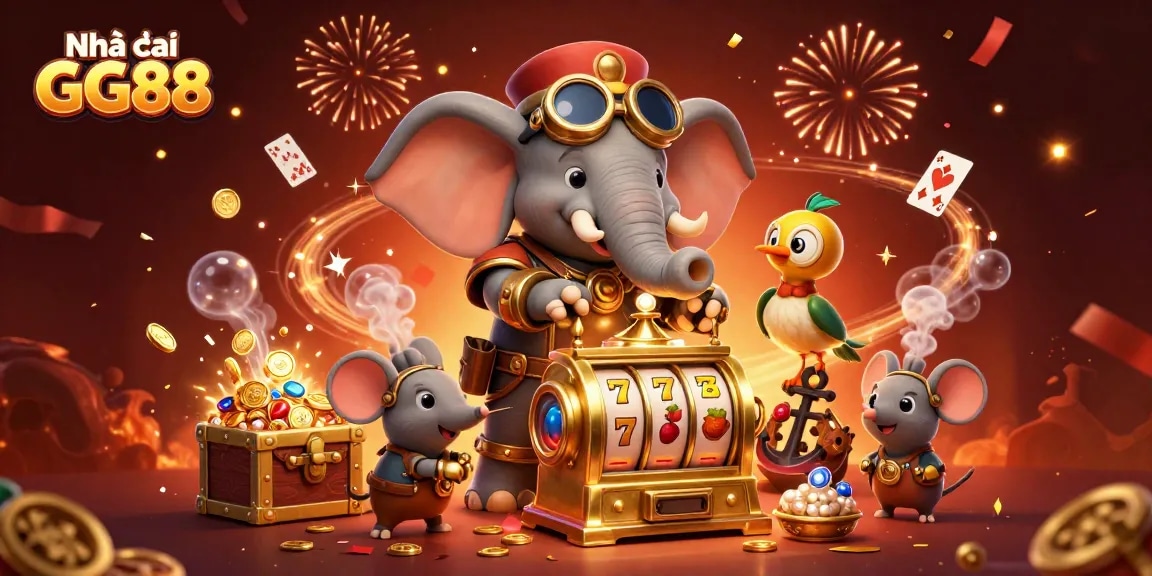 Experience the thrill with Nhà cái GG88 as steampunk characters celebrate winning at a vibrant online casino.